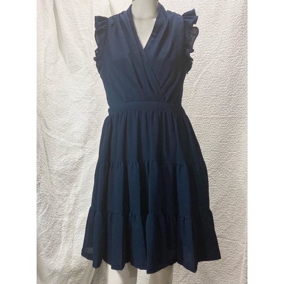 Taylor Tiered Ruffle Fit & Flare Dress Navy Blue Preppy Cottagecore Boho Chic - Picture 2 of 14